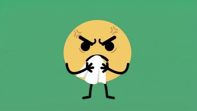 Yellow emoticon with A virtual tissue box appears, and the hand pulls out a tissue to blow its nose.