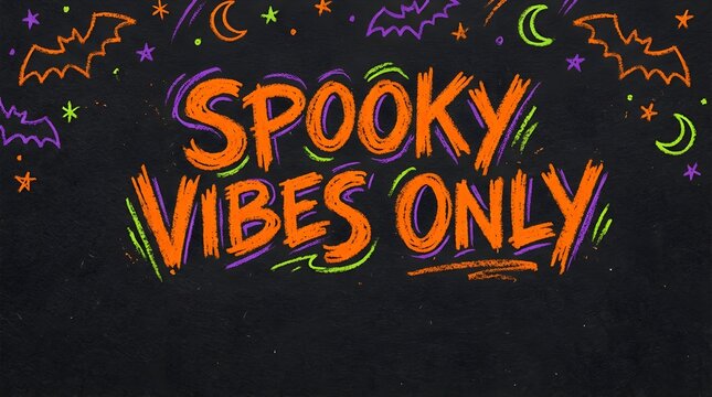 Spooky vibes only halloween chalk lettering design on black chalkboard background with bats, stars, and crescent moons for seasonal holiday greeting cards and social media