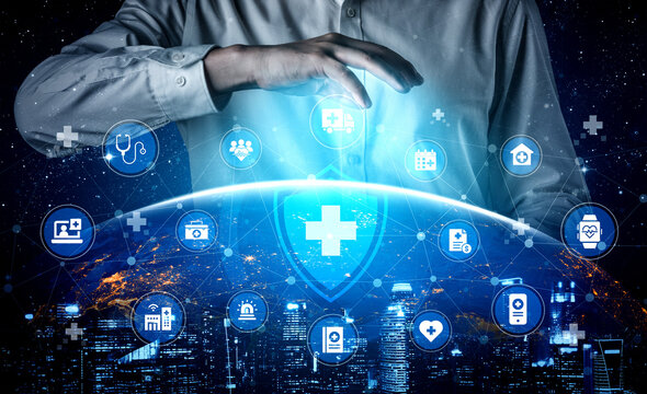 A captivating image depicting the fusion of healthcare and technology with a person interacting with digital icons, symbolizing the future of patient care and innovation. Ledger