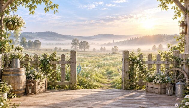 Peaceful countryside meadow with rustic wooden gate at sunrise