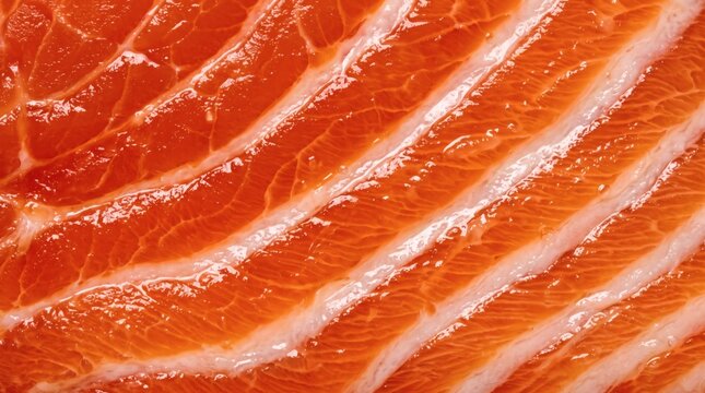 Macro Close-Up of a Fresh Raw Salmon Fillet With White Fat Lines