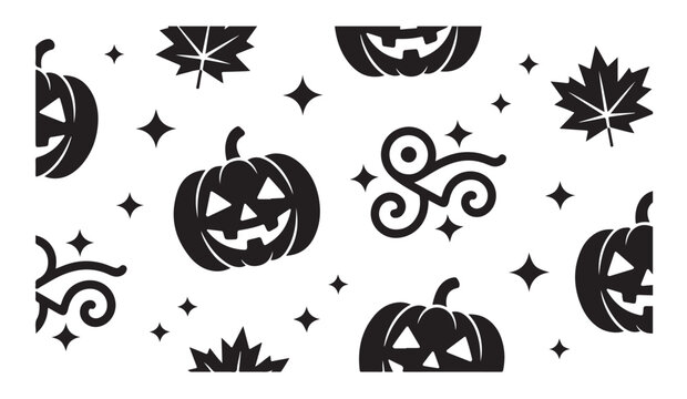 Halloween elements collection with black pumpkins and leaves for seasonal greeting cards and party invitations.
