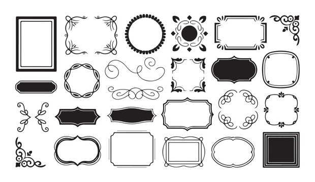 Decorative frame border set with vintage ornaments and flourish elements for photography and labels design.