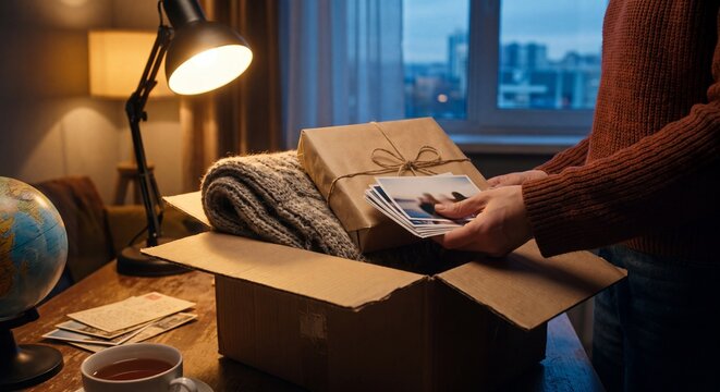Person sorting through sentimental keepsakes in a cozy room