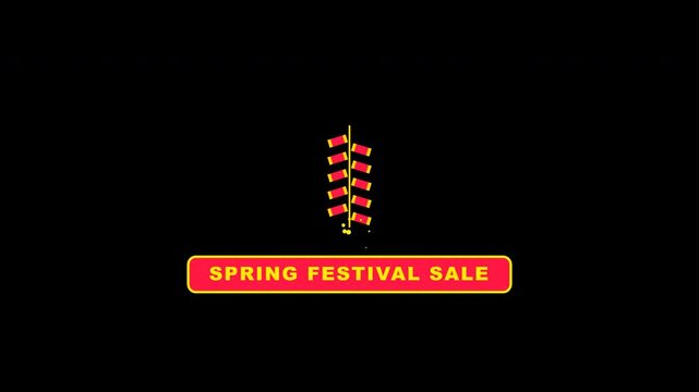 Flat Chinese firecracker string with hanging cord, red tubes, gold collar ends, swaying motion, and explosive spark bursts at the bottom