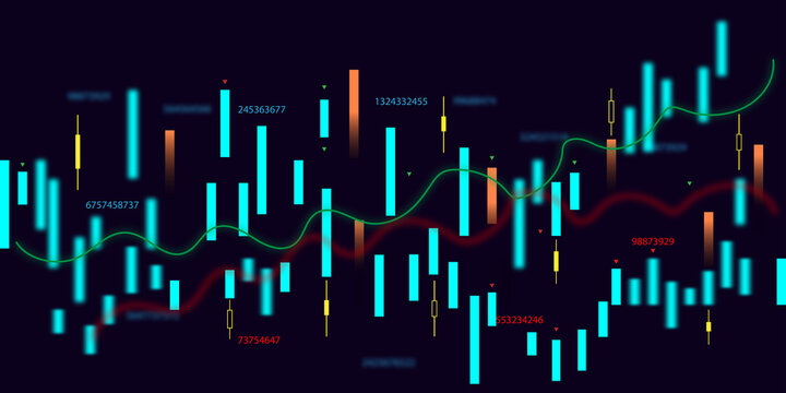 Abstract financial candlestick chart with glowing cyan bars and red and green trend lines on a dark background, illustrating stock trading, market analysis, and investment