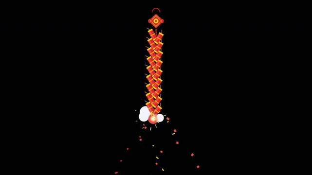 Flat Chinese firecracker hanging vertically with sparks bursting in a 2D animation on a transparent background