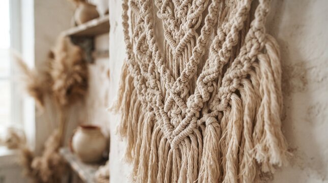 Handmade macrame wall hanging decor crafted from beige cotton cord in a bright room