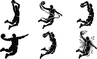 Basketball player silhouette, slam dunk vector, set, sports icon collection, athletic action pose, jump shot art, isolated white background clipart © MISS. HOSNARA BEGUM