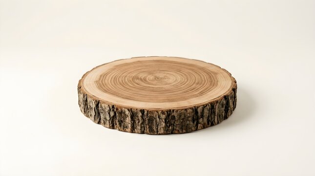 Natural wooden round board made from a tree trunk slice isolated on white background