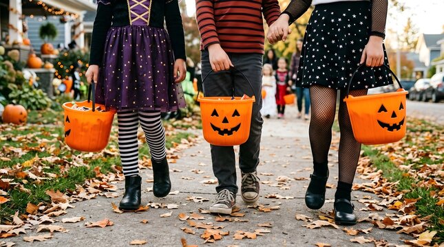 Three children walking on a sidewalk during halloween, holding orange pumpkinshaped candy buckets, dressed in festive costumes, trickortreating in a suburban neighborhood