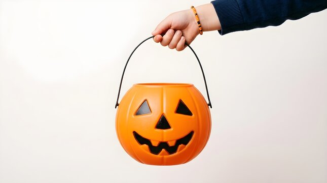 A childs hand holding an orange plastic jackolantern bucket for trickortreating isolated on white background