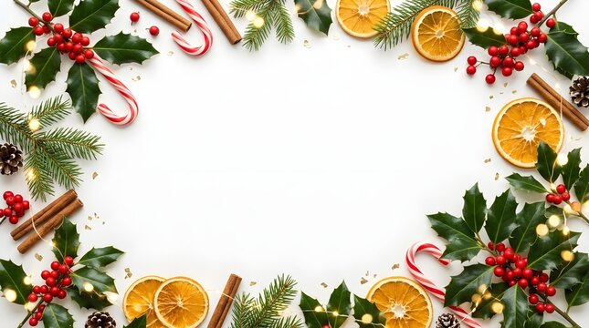 Christmas frame made of fir branches, holly berries, dried orange slices, cinnamon sticks and candy canes isolated on white background