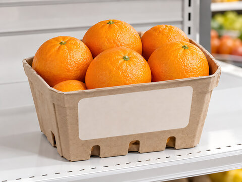 Fresh organic oranges displayed in a cardboard basket on a grocery store shelf transparent background