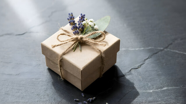 Small gift box wrapped in brown paper with twine, decorated with lavender sprigs and a green leaf on a dark stone background