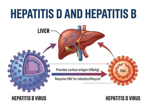 Hepatitis b and d virus infection illustration with liver isolated on white background
