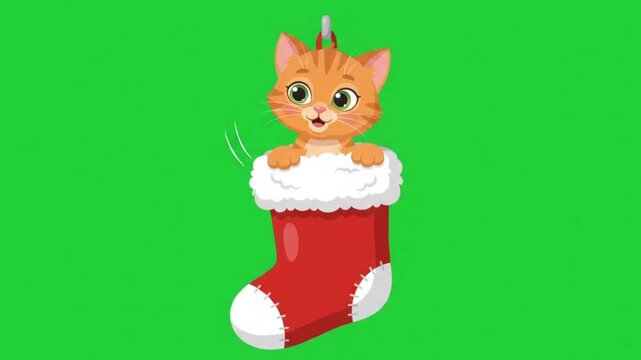 Cute Ginger Kitten Waving Paw Inside Festive Red Christmas Stocking Animation on Chroma Key