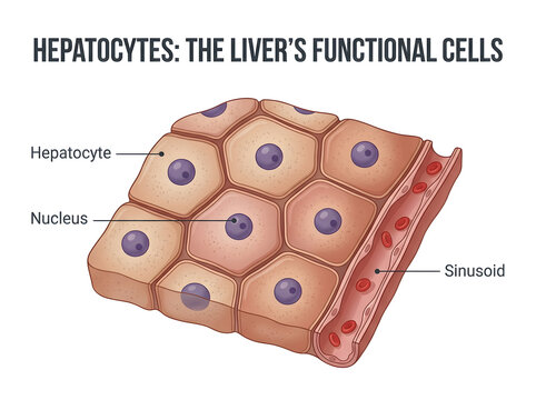 Hepatocytes liver cells with nucleus and sinusoid illustration isolated on white background