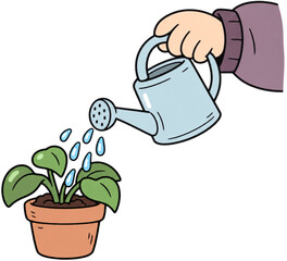 Hand Watering Green Potted Plant with Watering Can Cartoon Illustration © 레오 입니다만 ᄒ