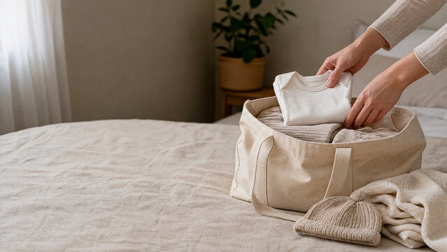 Hands packing a hospital bag for childbirth