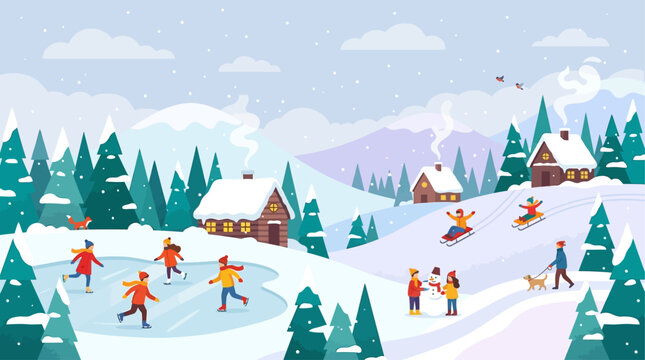 Winter wonderland illustration featuring people ice skating, sledding, building a snowman and walking a dog near cozy cottages in snowy mountains