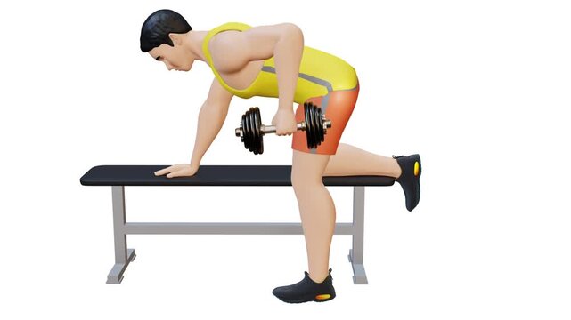 Animation Male Athlete Single Arm Dumbbell Row Exercise, White Background, 3d Render