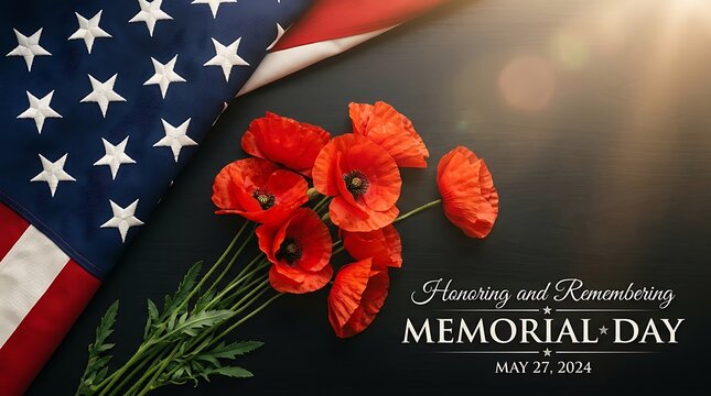American flag and red poppy flowers for Memorial Day