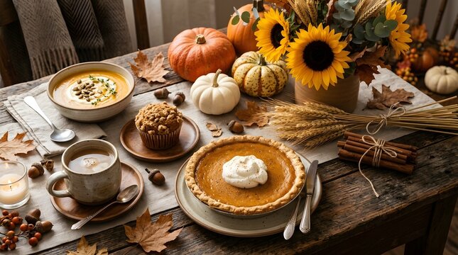 Cozy autumn table setting with pumpkin soup, pie, muffin, and sunflowers on a rustic wooden table, perfect for thanksgiving or fall holiday celebrations