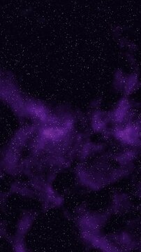 Flying through purple nebula clouds and stars in deep space, vertical seamless loop video background in 4K