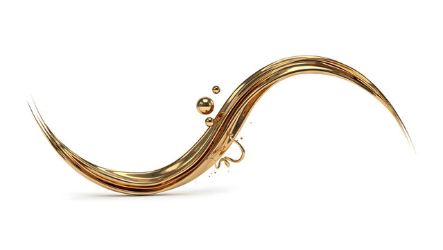 Liquid gold abstract flowing wave shape with small spheres and splash effect on white background.