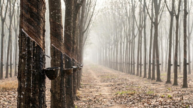 Rubber tree plantation with latex collecting cups on tapped trunks in misty morning, natural rubber harvesting concept