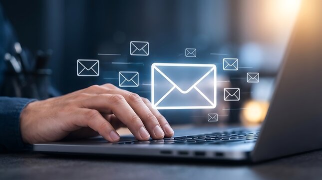 Close up of person hand typing on laptop keyboard with glowing digital email icons for online communication, electronic message notification, internet marketing, and business correspondence.