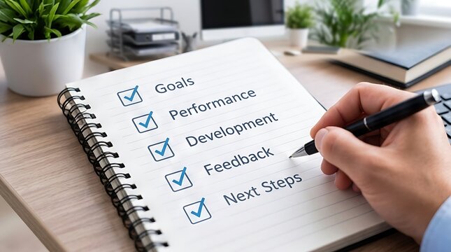 Close up of person holding pen and checking off a business performance review list including goals, development, feedback, and next steps on a spiral notebook in a bright modern office workspace.