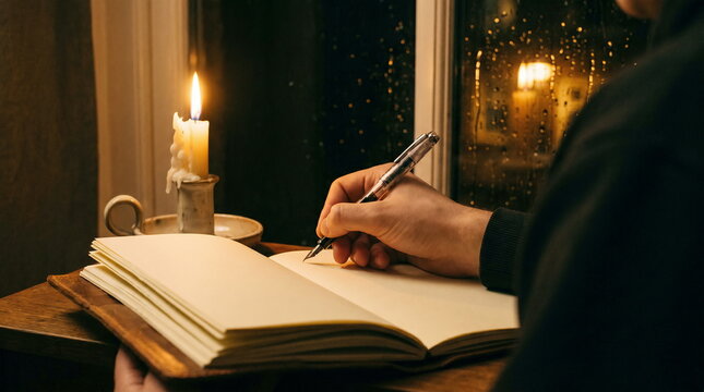 Hand writing in open journal with fountain pen beside burning candle near rainy window at night, cozy reflection concept