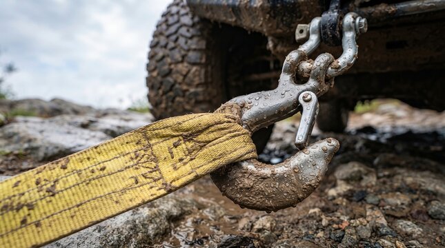Muddy yellow tow strap with steel hook attached to off-road vehicle on rocky trail, vehicle recovery adventure concept