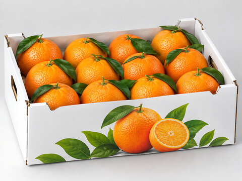 Fresh organic oranges with green leaves inside a white cardboard shipping crate transparent background