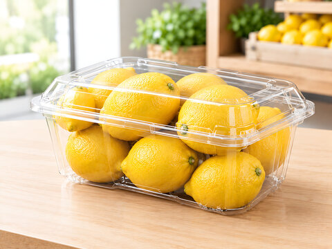 Fresh organic yellow lemons packed inside a clear plastic container transparent background