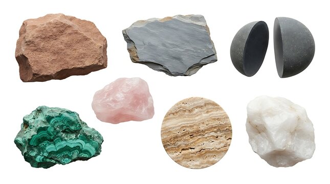 Collection of diverse natural stones and minerals including red sandstone, grey slate, a split stone sphere, malachite, rose quartz, and a polished circular stone
