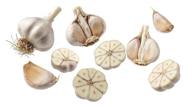 Fresh garlic bulbs with papery skin and roots arranged with peeled cloves and multiple cross-section slices showing internal segments on a white background