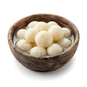 Traditional indian sweet rasgulla served in a rustic wooden bowl isolated on a white background
