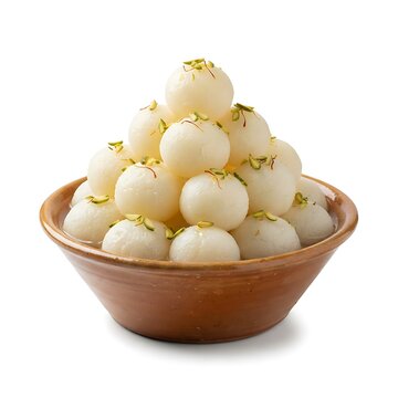A wooden bowl filled with delicious white rasgulla indian sweets garnished with chopped green pistachios isolated on white