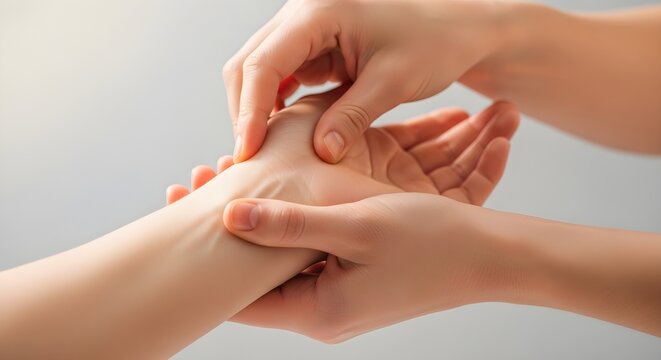 Closeup of a professional massage therapist performing a therapeutic hand and wrist massage on a patient to relieve tension and improve circulation in a wellness clinic setting