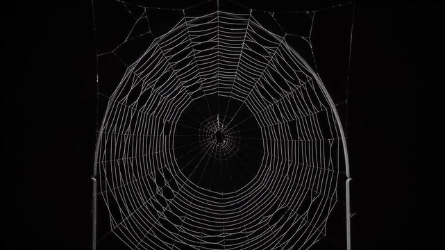 Intricate spider web on black background, delicate white cobweb pattern in darkness, spooky nature texture for Halloween or horror cinematic projects