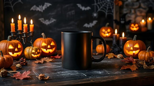 Black mug mockup on a rustic wooden table decorated for halloween with carved pumpkins, candles, and autumn leaves, festive holiday atmosphere