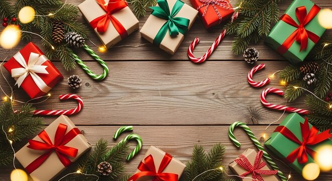 Christmas background with gift boxes, pine branches, pine cones and candy canes on wooden table top view with copy space