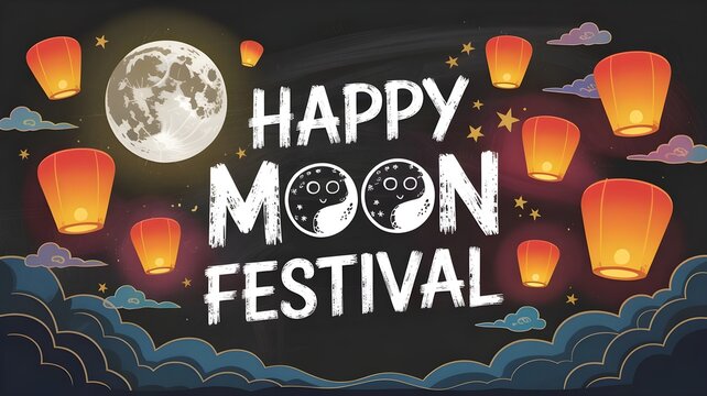 Happy moon festival greeting card design with glowing lanterns, full moon, and decorative clouds on a dark night sky background, vector illustration
