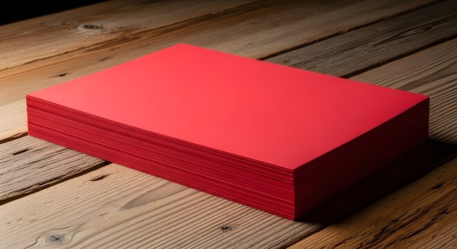 Stack of blank red paper sheets on a rustic wooden table, top view highquality mockup for branding, stationery, or creative design projects, showcasing vibrant color and texture
