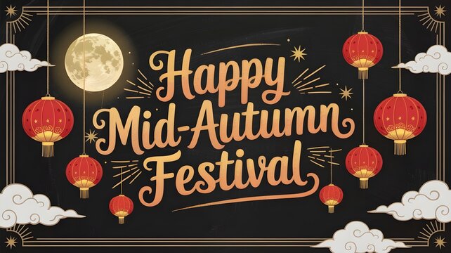 Happy midautumn festival greeting card design with glowing full moon, traditional red lanterns, and decorative clouds on a dark background, vector illustration