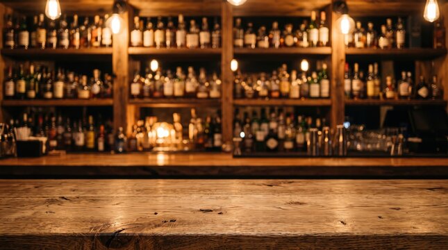 An atmospheric bar counter with shelves full of bottles in the background, creating a cozy and inviting ambiance