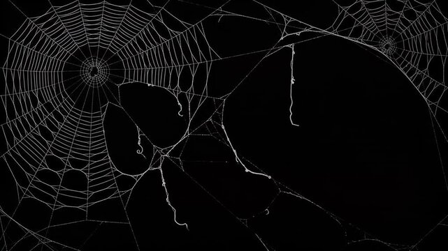 Spooky spider web background with white silk threads on black, intricate cobweb overlay for Halloween horror films, realistic dark spiderweb texture